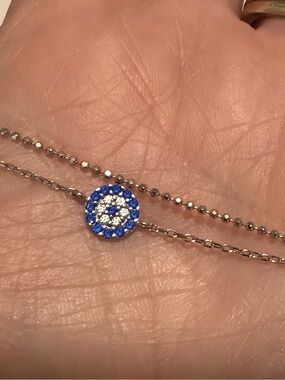 Ankle bracelet 925 Silver with Blue and White Pavé rhinestone Disc